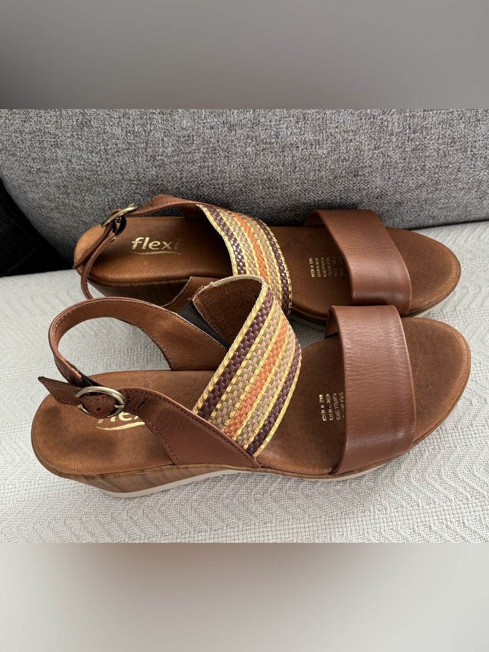 Flexi Brown Wedge Sandals with Multicolor Striped Straps - Picture 3 of 7